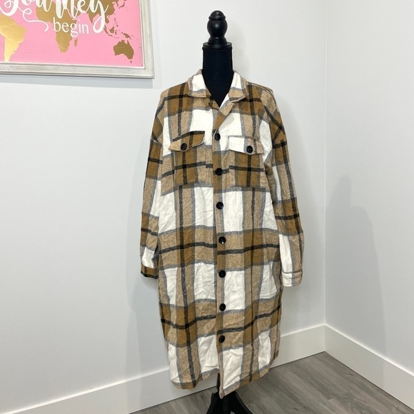 Plaid Brown Long Button Up Women's Trench Coat - Picture 1 of 7